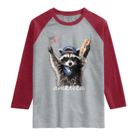 Funny America Raccoon Happy 4th of July Raglan Shirt Holding Hotdog and US Flag Patriotic Graphic