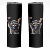 Funny America Raccoon Happy 4th of July Skinny Tumbler Holding Hotdog and US Flag Patriotic Graphic