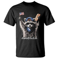 Funny America Raccoon Happy 4th of July T Shirt Holding Hotdog and US Flag Patriotic Graphic