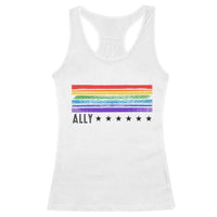 Retro Rainbow Ally Distressed Stripes Graphic Racerback Tank Top LGBTQ Support Pride Month