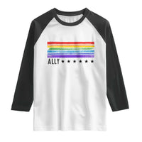 Retro Rainbow Ally Distressed Stripes Graphic Raglan Shirt LGBTQ Support Pride Month