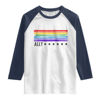Retro Rainbow Ally Distressed Stripes Graphic Raglan Shirt LGBTQ Support Pride Month