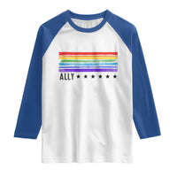 Retro Rainbow Ally Distressed Stripes Graphic Raglan Shirt LGBTQ Support Pride Month