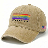 Retro Rainbow Ally Distressed Stripes Graphic Washed Cotton Baseball Cap LGBTQ Support Pride Month