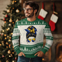 Bosnian Girl Messy Bun Flag Bandana Woman Graphic Ugly Christmas Sweater Bosnia Herzegovina Pride