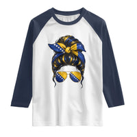 Bosnian Girl Messy Bun Flag Bandana Woman Graphic Raglan Shirt Bosnia Herzegovina Pride