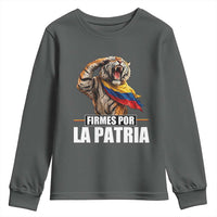 Firmes Por La Patria Colombian Pride Youth Sweatshirt Roaring Saluting Tiger Patriotic Colombia Heritage Flag