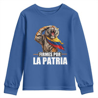 Firmes Por La Patria Colombian Pride Youth Sweatshirt Roaring Saluting Tiger Patriotic Colombia Heritage Flag