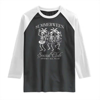 Summerween Social Club Raglan Shirt Spooky All Year Skeleton Summer Halloween Beach Party - Wonder Print Shop