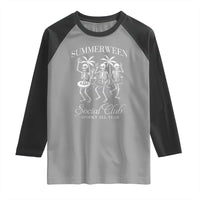 Summerween Social Club Raglan Shirt Spooky All Year Skeleton Summer Halloween Beach Party - Wonder Print Shop