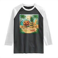 Retro Tropical Summerween Raglan Shirt Halloween Summer Beach Cocktail Boo - Wonder Print Shop