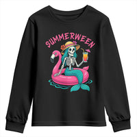 Summerween Skeleton Mermaid Youth Sweatshirt Flamingo Float Funny Spooky Summer Halloween Vibes - Wonder Print Shop