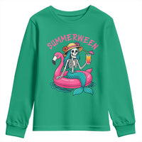 Summerween Skeleton Mermaid Youth Sweatshirt Flamingo Float Funny Spooky Summer Halloween Vibes - Wonder Print Shop