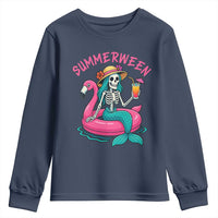 Summerween Skeleton Mermaid Youth Sweatshirt Flamingo Float Funny Spooky Summer Halloween Vibes - Wonder Print Shop