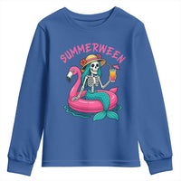 Summerween Skeleton Mermaid Youth Sweatshirt Flamingo Float Funny Spooky Summer Halloween Vibes - Wonder Print Shop