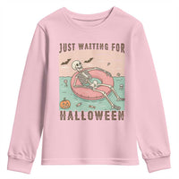 Spooky Summer Skeleton Youth Sweatshirt Just Waiting For Halloween Summer Pool Party - Wonder Print Shop