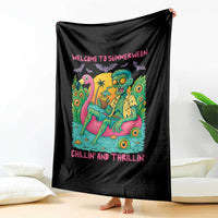 Summerween Zombie Pool Party Throw Blanket Chillin and Thrillin Flamingo Float Summer Halloween