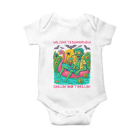 Summerween Zombie Pool Party Baby Onesie Chillin and Thrillin Flamingo Float Summer Halloween
