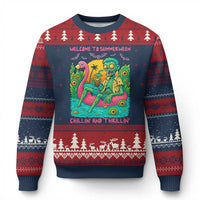 Summerween Zombie Pool Party Ugly Christmas Sweater Chillin and Thrillin Flamingo Float Summer Halloween