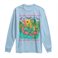 Summerween Zombie Pool Party Long Sleeve Shirt Chillin and Thrillin Flamingo Float Summer Halloween