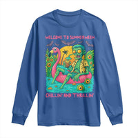 Summerween Zombie Pool Party Long Sleeve Shirt Chillin and Thrillin Flamingo Float Summer Halloween