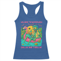 Summerween Zombie Pool Party Racerback Tank Top Chillin and Thrillin Flamingo Float Summer Halloween