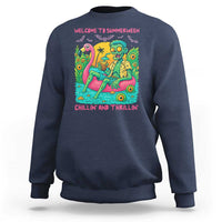 Summerween Zombie Pool Party Sweatshirt Chillin and Thrillin Flamingo Float Summer Halloween