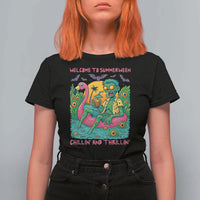 Summerween Zombie Pool Party T Shirt For Women Chillin and Thrillin Flamingo Float Summer Halloween