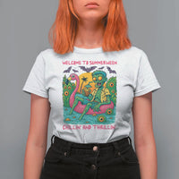 Summerween Zombie Pool Party T Shirt For Women Chillin and Thrillin Flamingo Float Summer Halloween