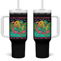 Summerween Zombie Pool Party Tumbler With Handle Chillin and Thrillin Flamingo Float Summer Halloween