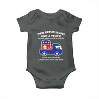Two Republicans And A Truck Helping Liberals Move To Canada Baby Onesie Funny Elephant Red White and Blue Sarcastic Political