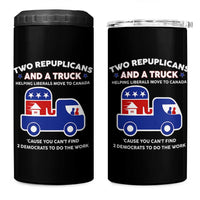 Two Republicans And A Truck Helping Liberals Move To Canada 4 in 1 Can Cooler Tumbler Funny Elephant Red White and Blue Sarcastic Political