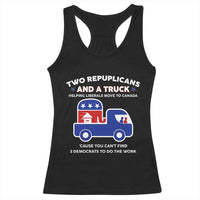 Two Republicans And A Truck Helping Liberals Move To Canada Racerback Tank Top Funny Elephant Red White and Blue Sarcastic Political