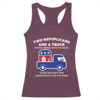 Two Republicans And A Truck Helping Liberals Move To Canada Racerback Tank Top Funny Elephant Red White and Blue Sarcastic Political