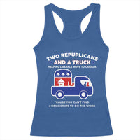 Two Republicans And A Truck Helping Liberals Move To Canada Racerback Tank Top Funny Elephant Red White and Blue Sarcastic Political