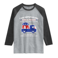 Two Republicans And A Truck Helping Liberals Move To Canada Raglan Shirt Funny Elephant Red White and Blue Sarcastic Political