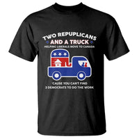 Two Republicans And A Truck Helping Liberals Move To Canada T Shirt Funny Elephant Red White and Blue Sarcastic Political