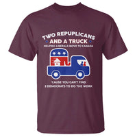 Two Republicans And A Truck Helping Liberals Move To Canada T Shirt Funny Elephant Red White and Blue Sarcastic Political