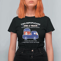 Two Republicans And A Truck Helping Liberals Move To Canada T Shirt For Women Funny Elephant Red White and Blue Sarcastic Political