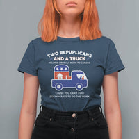 Two Republicans And A Truck Helping Liberals Move To Canada T Shirt For Women Funny Elephant Red White and Blue Sarcastic Political