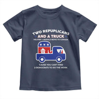 Two Republicans And A Truck Helping Liberals Move To Canada Toddler T Shirt Funny Elephant Red White and Blue Sarcastic Political