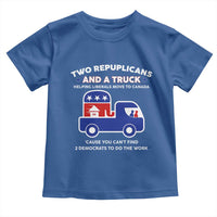 Two Republicans And A Truck Helping Liberals Move To Canada Toddler T Shirt Funny Elephant Red White and Blue Sarcastic Political