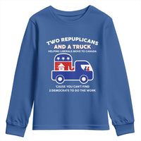 Two Republicans And A Truck Helping Liberals Move To Canada Youth Sweatshirt Funny Elephant Red White and Blue Sarcastic Political