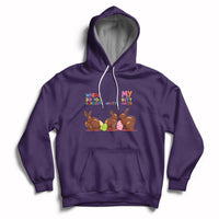 Purple Easter hoodie with bunny graphic, hood, and kangaroo pocket.