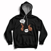 Black Easter hoodie with bunny graphic and playful text on the chest