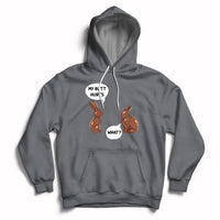 Charcoal Easter hoodie with bunny graphic and playful text on the chest