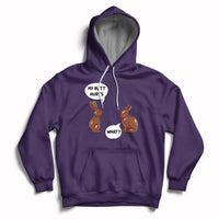 Purple Easter hoodie with bunny graphic and playful text on the chest