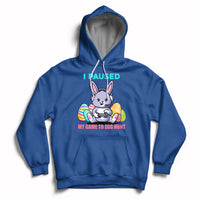 Kids royal blue hoodie with bunny graphic, "I PAUSED" and egg hunt game text