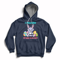 Kids navy hoodie with bunny graphic, "I PAUSED" and egg hunt game text