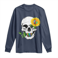 Autism Skull Sunflower Long Sleeve Shirt Support Autistic Puzzle Pieces Heart